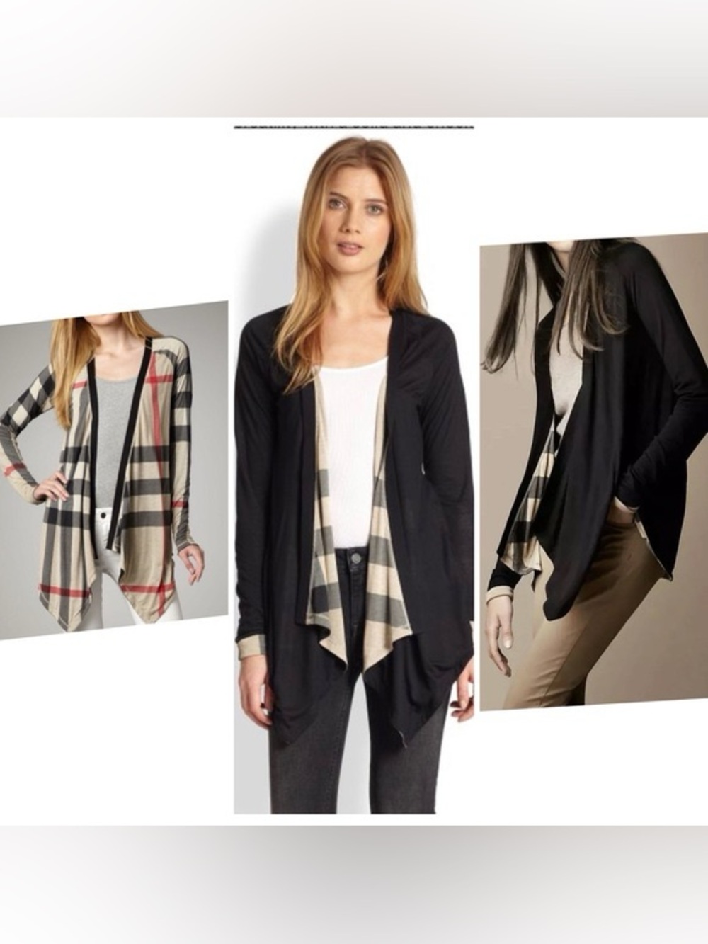 Burberry Reversible Waterfall Black Cardigan with Classic Beige Plaid Lining - L